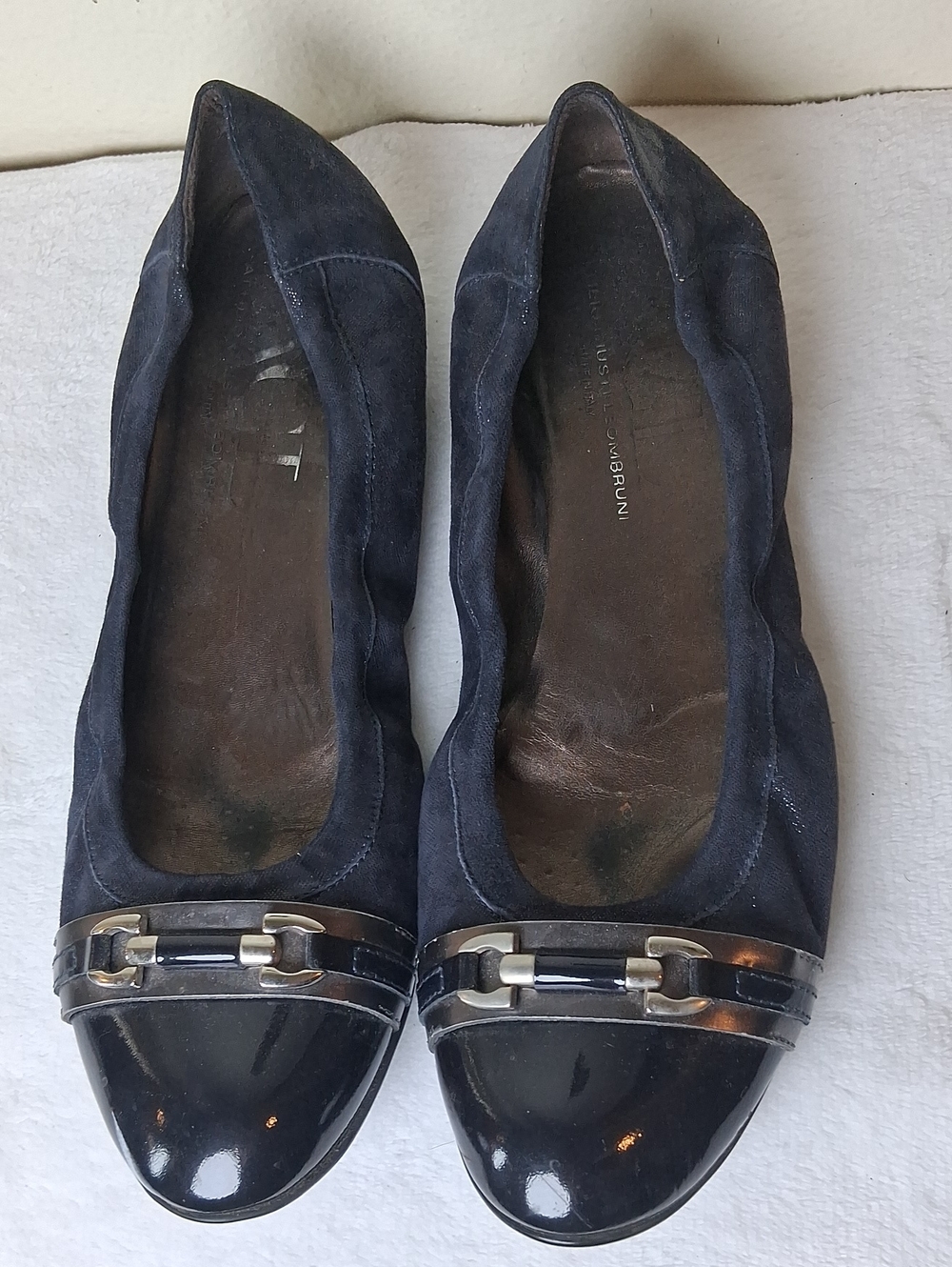 Attilio Giusti Leombruni Navy Suede and Black Patent Flats with Silver Hardware